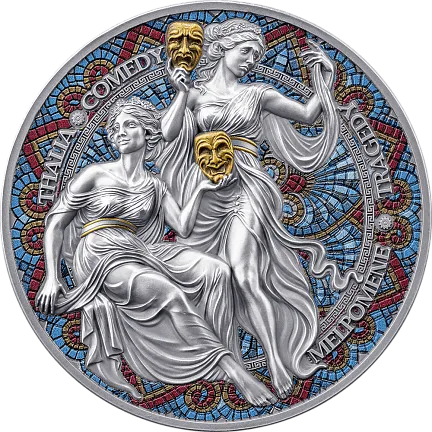 Монета "Мельпомена и Талия. Девять Муз", 2025 г., Серебро, 62,2 гр., проба 999, КАМЕРУН