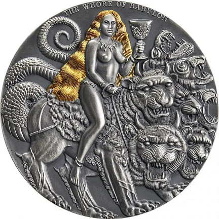 Монета "Апокалипсис. Вавилонская блудница",  2022 г., Серебро, 93,3 гр., проба 999, КАМЕРУН
