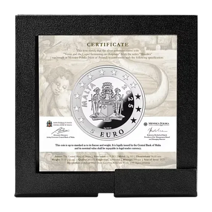 Монета «Венера и Купидон», плывущие на дельфинах, 2025 г., Серебро, 31,1 гр., проба 999, МАЛЬТА