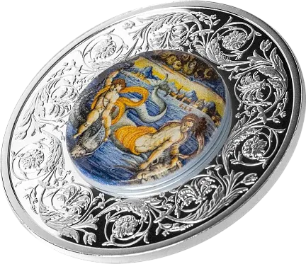 Монета «Венера и Купидон», плывущие на дельфинах, 2025 г., Серебро, 31,1 гр., проба 999, МАЛЬТА