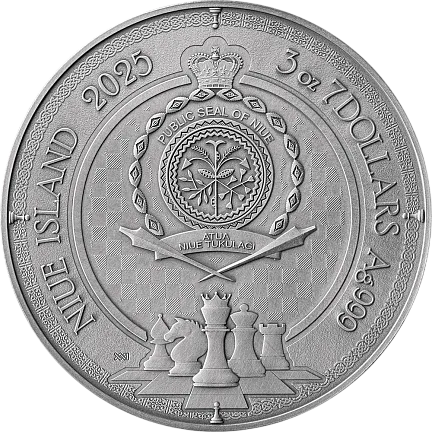 Монета "Королевский гамбит", 2025 г., Серебро, 93,3 гр., проба 999, НИУЭ