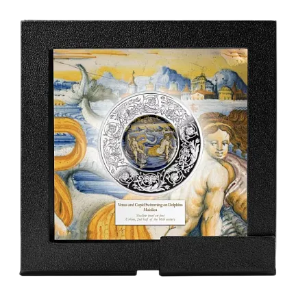 Монета «Венера и Купидон», плывущие на дельфинах, 2025 г., Серебро, 31,1 гр., проба 999, МАЛЬТА